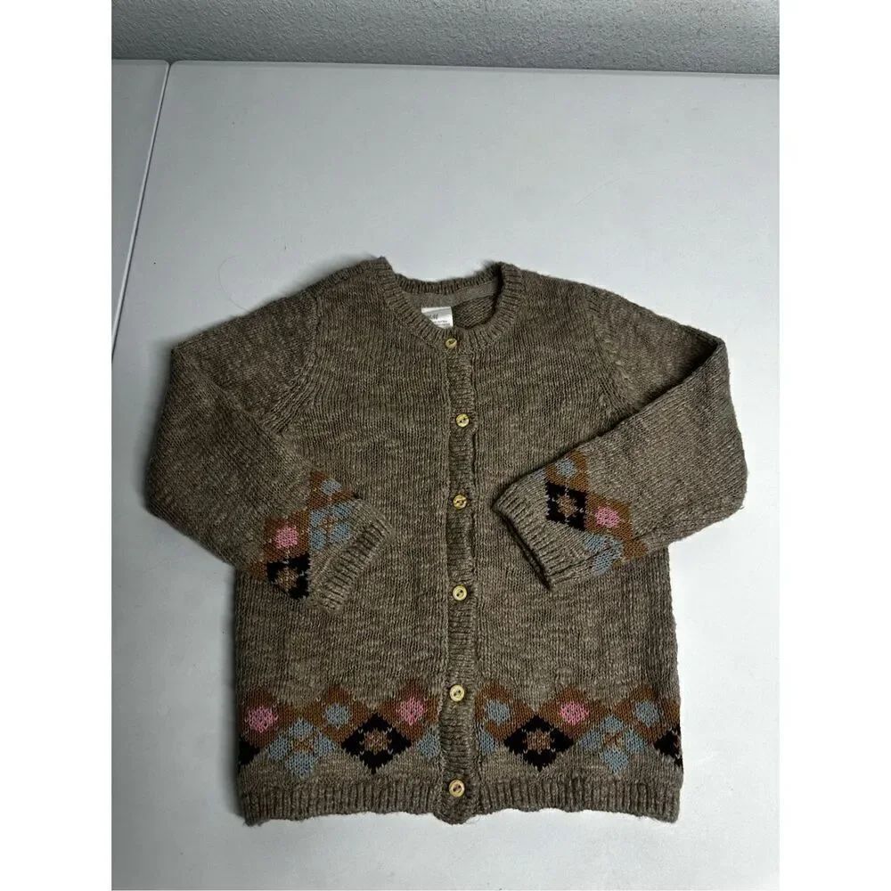H&M Slub Knit Ornament Cardigan Size 12-18 M Tan Button Up Long Sleeve